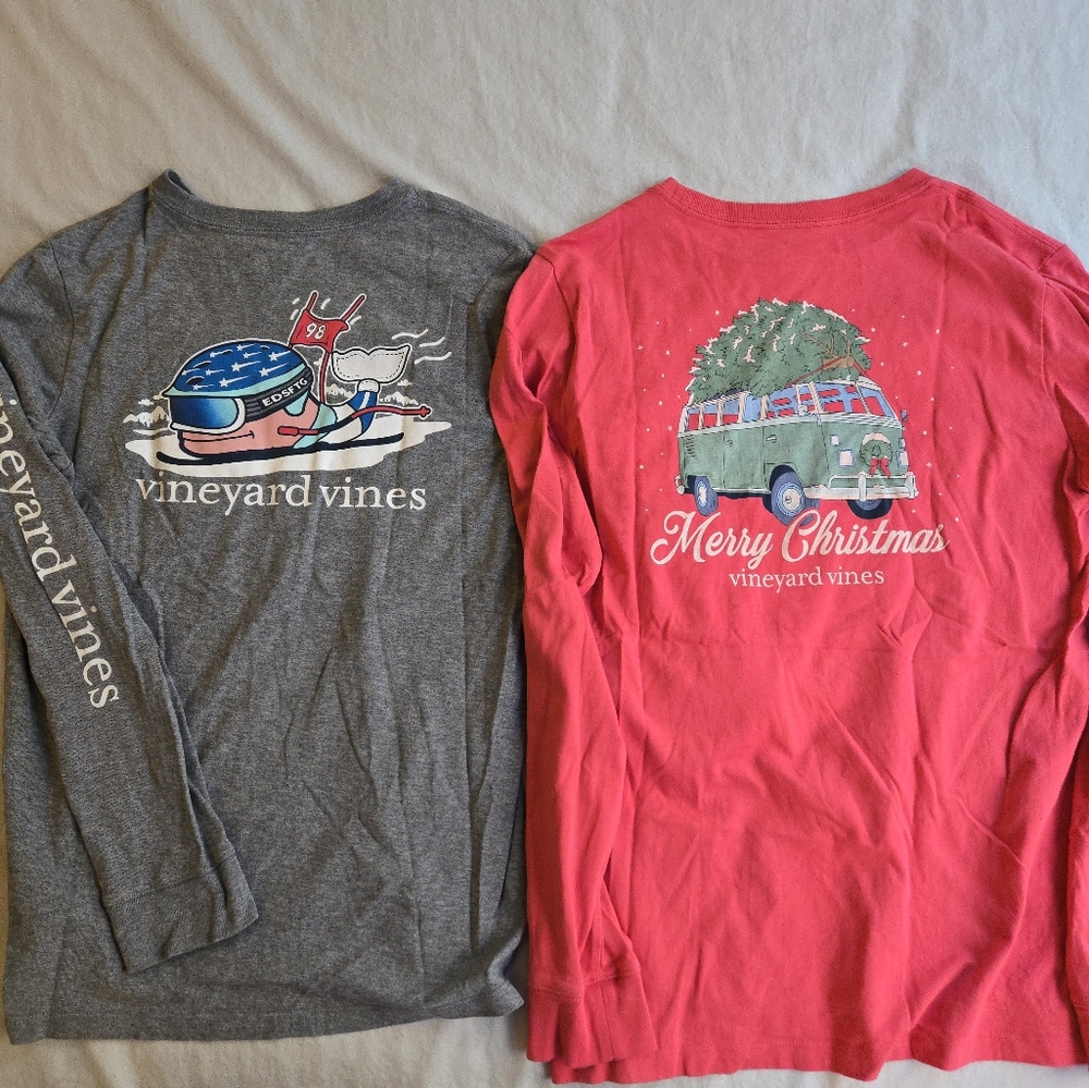Vineyard Vines Holiday Christmas Long Sleeve Shirts - Gray Ski Whale & Red Xmas